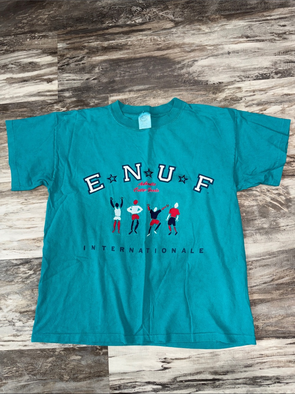 Vintage ENUF International T-shirt L 90’s teal Green Embroidered Single Stitch